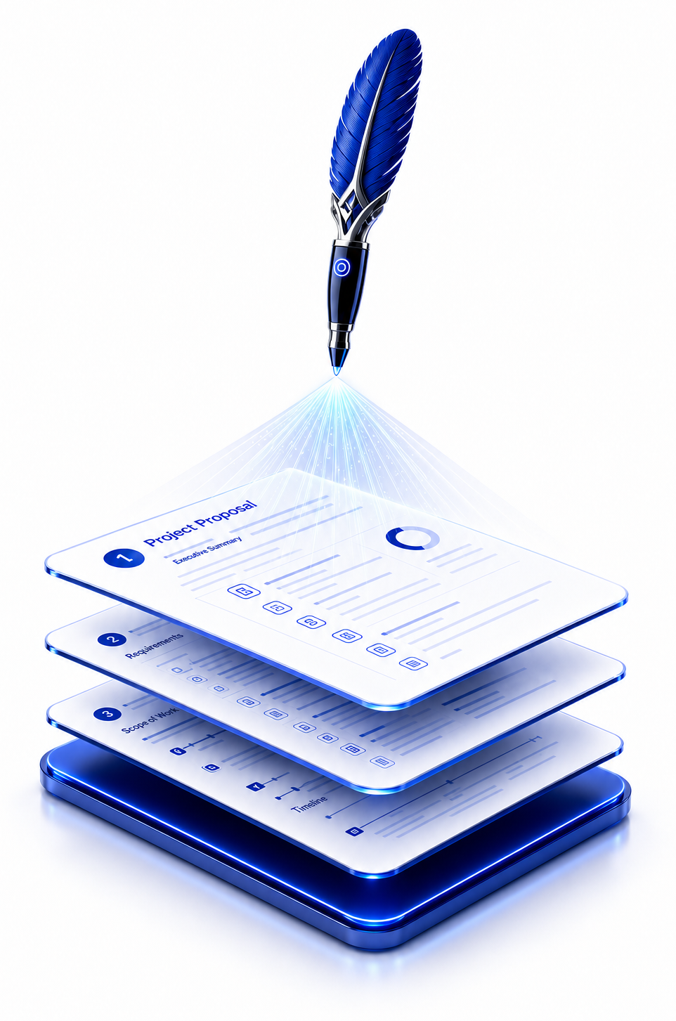 Stacked proposal documents being authored by a quill — BidAuthor's document intelligence layer