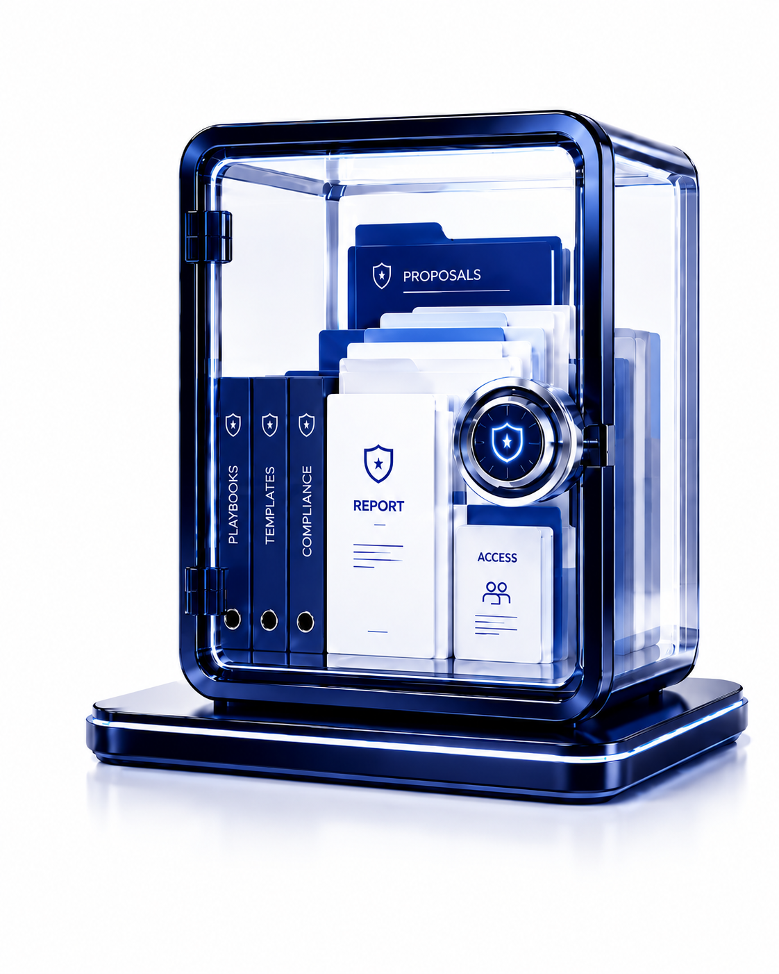 A glowing cobalt safe holding proposals, playbooks, templates, and compliance binders — BidAuthor's enterprise-grade security